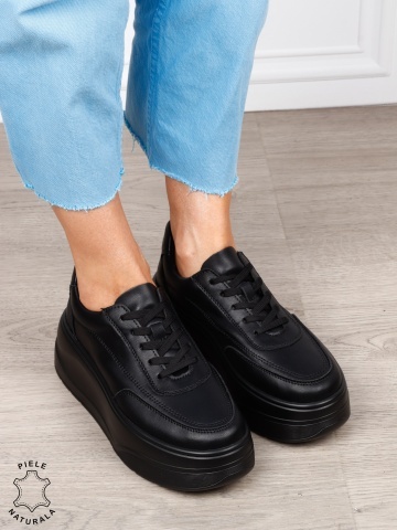 Pantofi casual damă din piele naturală cu siret CRL1822 NEGRU - Img 2