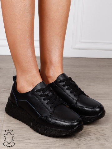Pantofi Casual Damă din Piele Naturală cu Șiret și Talpă Comfort NEGRU CRL1800