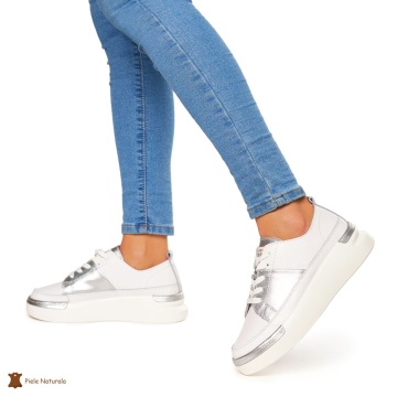Pantofi Casual dama din Piele naturala cu talpa groasa CRL0056 ALB CU ARGINTIU - Img 2