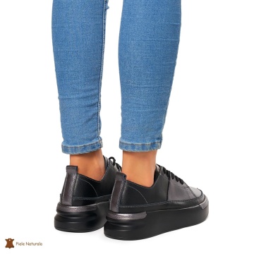 Pantofi Casual dama din Piele naturala cu talpa groasa CRL0056 NEGRU CU PEWTER - Img 4