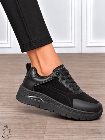 Pantofi casual damă din piele naturală întoarsă cu finisaj catifelat CRL1914 NEGRU - Img 2