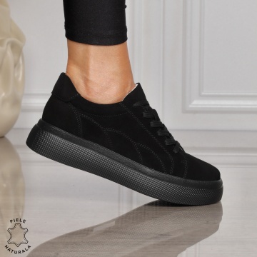 Pantofi CASUAL damă din piele naturală intoarsa CU SIRET CRL1452 NEGRU - Img 2