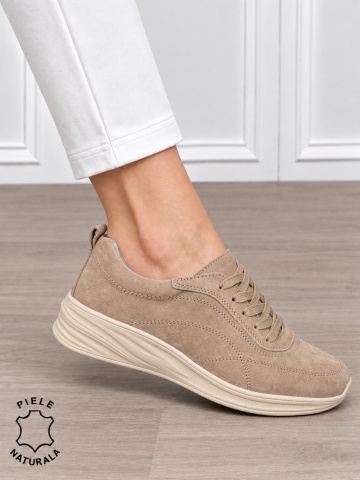 Pantofi casual damă din piele naturală intoarsa cu stil clasic CRL1898 KHAKI - Img 2