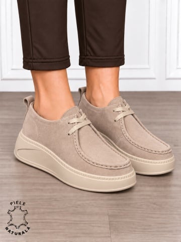 Pantofi casual damă din piele naturală întoarsă cu talpa confortabilă CRL1917 BEJ