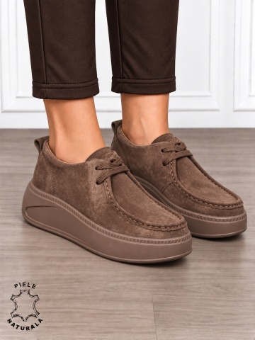 Pantofi casual damă din piele naturală întoarsă cu talpa confortabilă CRL1917 CAFENIU