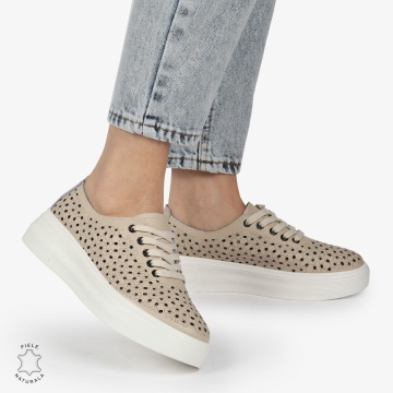 Pantofi Casual dama din Piele naturala PERFORATI USORI CU SIRET CRL1341 BEJ - Img 4