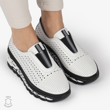 Pantofi Casual dama PERFORATI din Piele naturala CU DESIGN PE TALPA SLIP-ON CRL1338 ALB - Img 3