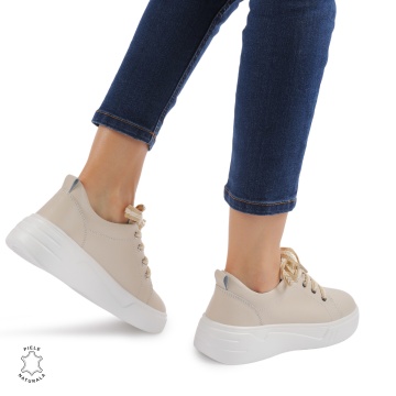Pantofi casual dama piele naturala cu siret multicolor gros CRL0874 BEJ - Img 3