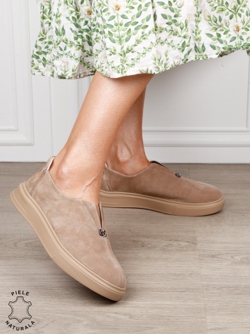 Pantofi casual dama slip-on din piele naturală intoarsa cu aspect modern CRL1817 KHAKI - Img 2