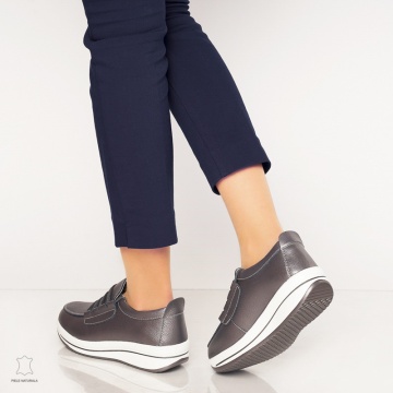 Pantofi casual de dama din piele naturala cu talpa groasa CRL0005 Pewter - Img 4