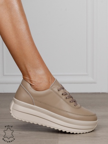 Pantofi Casual de dama din Piele Naturala cu talpa Inalta CRL1201 KHAKI