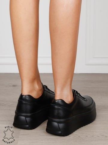 Pantofi Casual de dama din Piele Naturala cu talpa Inalta CRL1201 NEGRU - Img 3