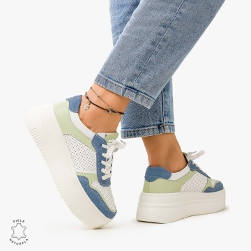 Pantofi Casual de dama din Piele Naturala Multicolor CRL1096 ALB CU ALBASTRU - Img 3