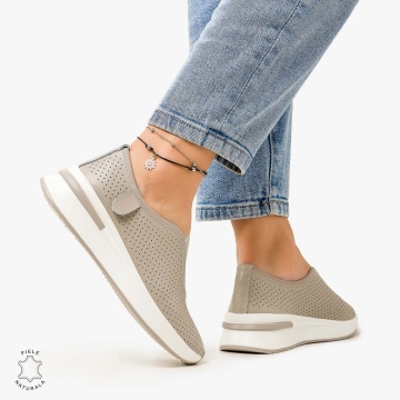 Pantofi Casual de dama din Piele Naturala PERFORATA CU ELASTIC CRL1200 GRI - Img 3