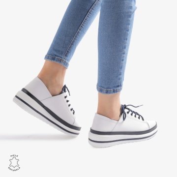 Pantofi casual piele naturala CRL877 Alb cu Bleumarin - Img 2