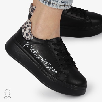Pantofi DAMA CASUAL din piele naturală CU DETALIU SCRIS CRL1379 NEGRU