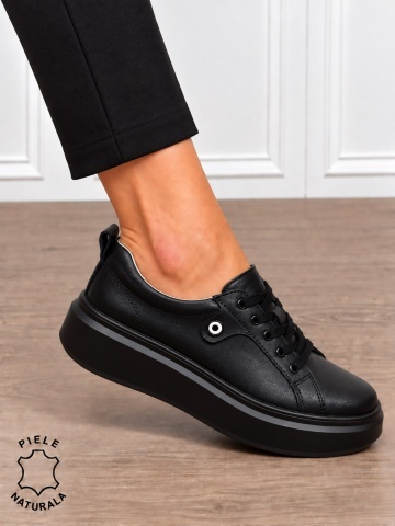 Pantofi damă din piele naturală cu șiret si talpa groasa CRL1858 NEGRU - Img 2