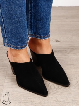 Pantofi dama eleganti cu toc gros si varf ascutit din piele naturala intoarsa CRL1609 Negru - Img 3