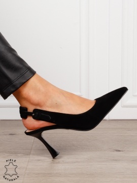 Pantofi dama eleganti cu toc subtire si varf ascutit din piele naturala intoarsa CRL1610 NEGRU - Img 2