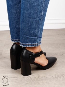 Pantofi dama eleganti din piele naturala cu bareta si toc gros CRL1634 Negru - Img 3