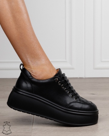 Pantofi sport damă din piele naturală cu șiret special CRL1880 NEGRU - Img 2
