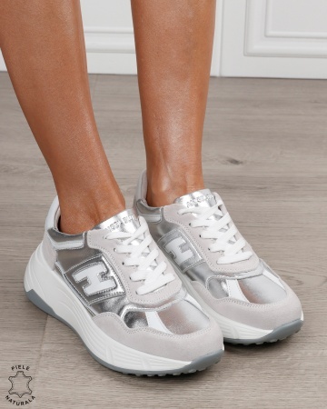 Pantofi sport damă din piele naturală în combinație de culori CRL1879 ARGINTIU