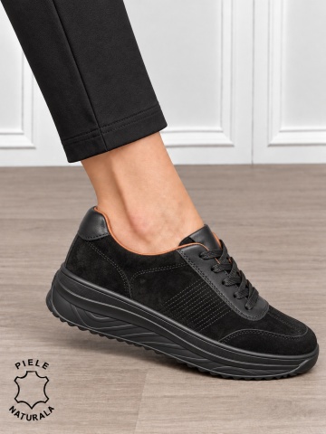 Pantofi sport damă din piele naturală întoarsă cu design casual CRL1894 NEGRU - Img 2