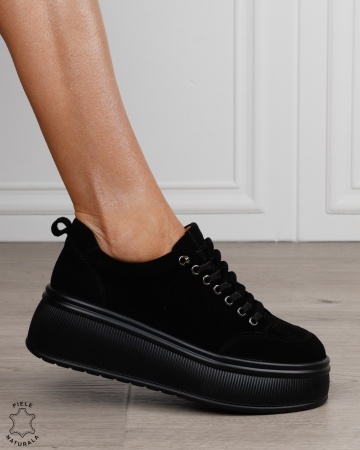Pantofi sport damă din piele naturală Intoarsa cu șiret special CRL1880 NEGRU - Img 2