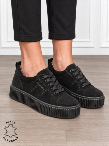 Pantofi sport damă din piele naturală intoarsa stil clasic CRL1868 NEGRU - Img 2