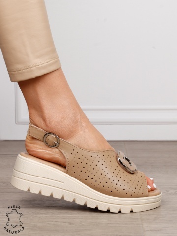Sandale damă din piele naturală cu detaliu tip cataramă frontală CRL1659 KHAKI - Img 4
