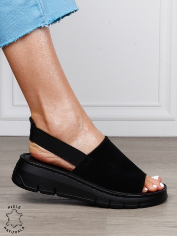 Sandale Damă din Piele Naturală Intoarsa cu Design Modern și Bareta Elastică CRL1805 NEGRU - Img 2