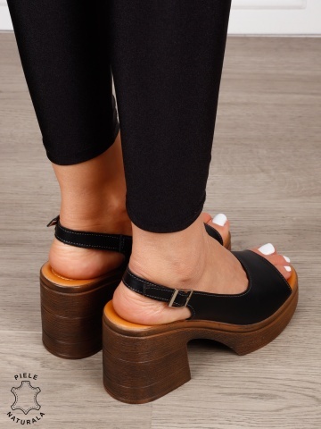 Sandale dama din Piele Naturala model clasic cu toc gros si inalt CRL1641 NEGRU - Img 3