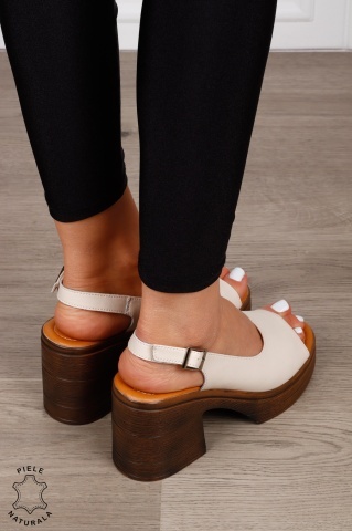 Sandale dama din Piele Naturala model clasic cu toc gros si inalt CRL1641 BEJ - Img 3