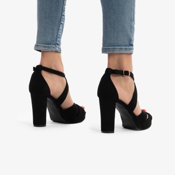 SANDALE DIN PIELE ECOLOGICA Intoarsa cu Toc Gros CRL0755 Negru - Img 3