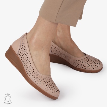 Balerini dama din Piele Naturala cu talpa groasa si Perforati CRL01381 ROZ - Img 2