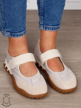 Balerini damă din piele naturală întoarsă și material textil, cu branț din piele naturală CRL1562 BEJ - Img 2