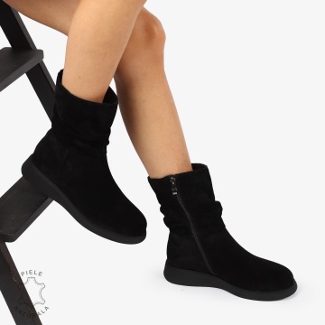 Cizme dama piele naturala intoarsa scurte cu talpa plata si Detaliu Lateral CRL1256 NEGRU - Img 2