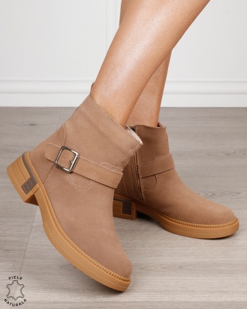Ghete damă din piele naturală întoarsă, cu baretă și cataramă CRL1887 KHAKI