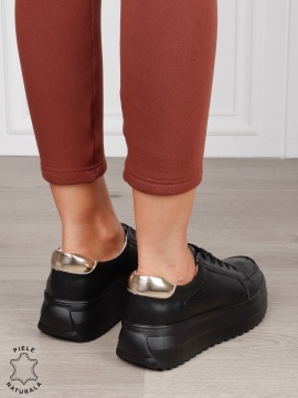 Pantofi Casual damă din piele naturală confortabile CRL1572 NEGRU CU AURIU - Img 3