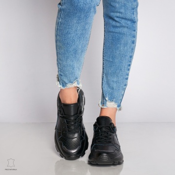 Pantofi Casual dama din Piele naturala cu talpa groasa CRL0046 Negru - Img 2