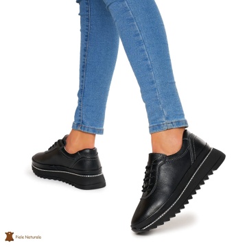 Pantofi Casual dama din Piele naturala cu talpa groasa CRL0048 NEGRU - Img 3