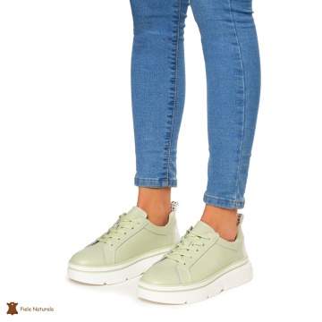 Pantofi Casual dama din Piele naturala cu talpa groasa CRL0054 VERDE - Img 2