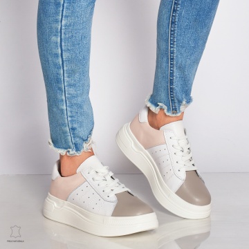 Pantofi Casual dama din Piele naturala cu talpa groasa Multicolor CRL0040ALB CU ROZ - Img 2