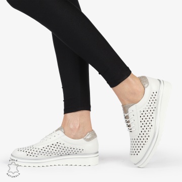 Pantofi Casual dama din piele naturala Perforati CRL0782 ALB - Img 1
