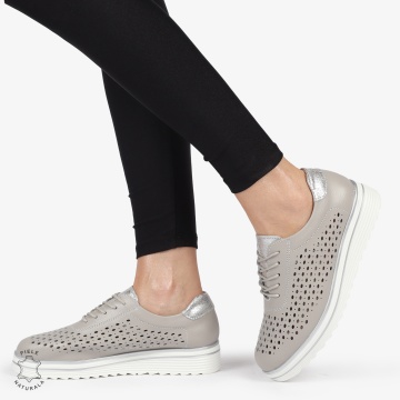 Pantofi Casual dama din piele naturala Perforati CRL0782 GRI - Img 2