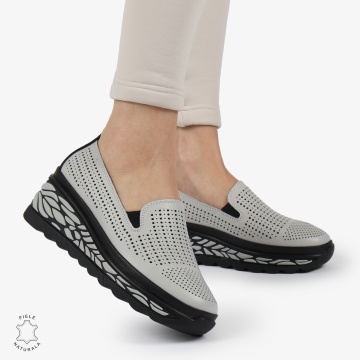 Pantofi Casual dama PERFORATI din Piele naturala CU DESIGN PE TALPA SLIP-ON CRL1337 GRI - Img 2