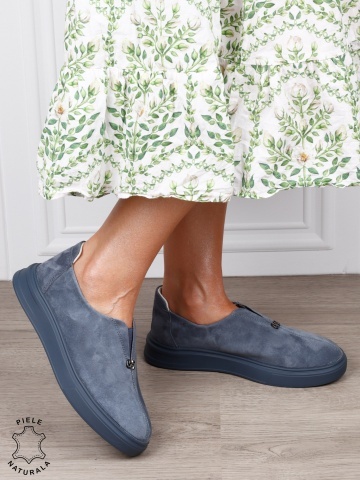 Pantofi casual dama slip-on din piele naturală intoarsa cu aspect modern CRL1817 ALBASTRU - Img 2
