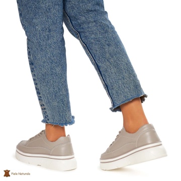 Pantofi Casual de dama din Piele naturala cu talpa groasa CRL1319 GRI - Img 4