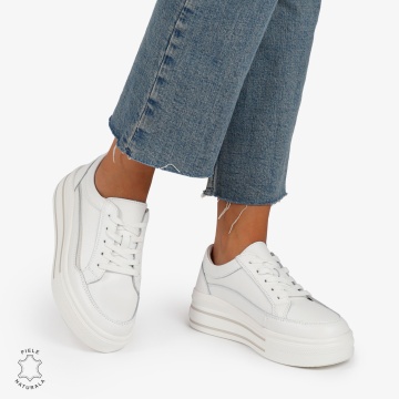 Pantofi Casual de dama din Piele Naturala cu talpa inalta si Dungi CRL1203 Alb - Img 3