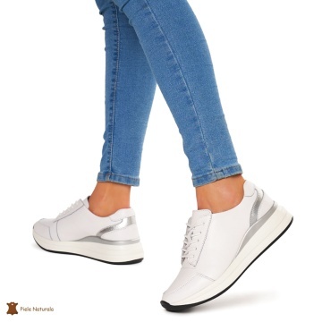 Pantofi casual de dama din piele naturala cu talpa plata CRL0019 ALB - Img 3